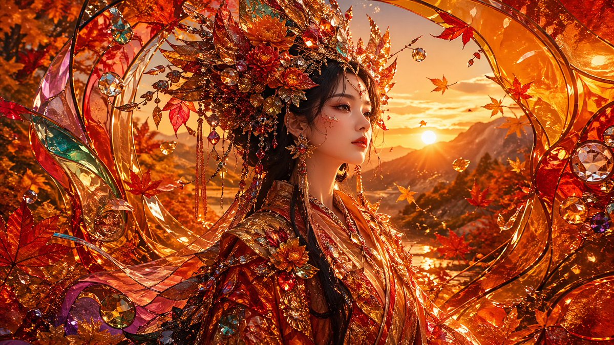 Opulent Autumn Empress at Sunset AI image prompt example