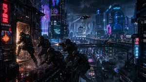 赛博朋克屋顶突袭行动 AI image prompt example
