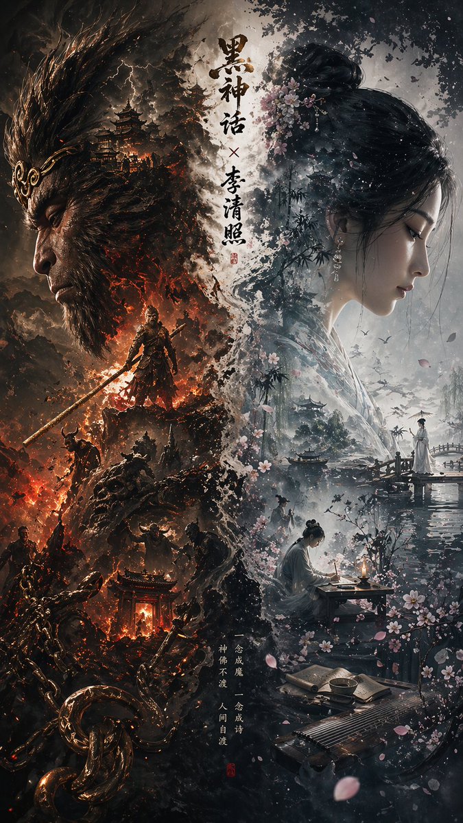 黑神话与李清照交织幻梦 AI image prompt example