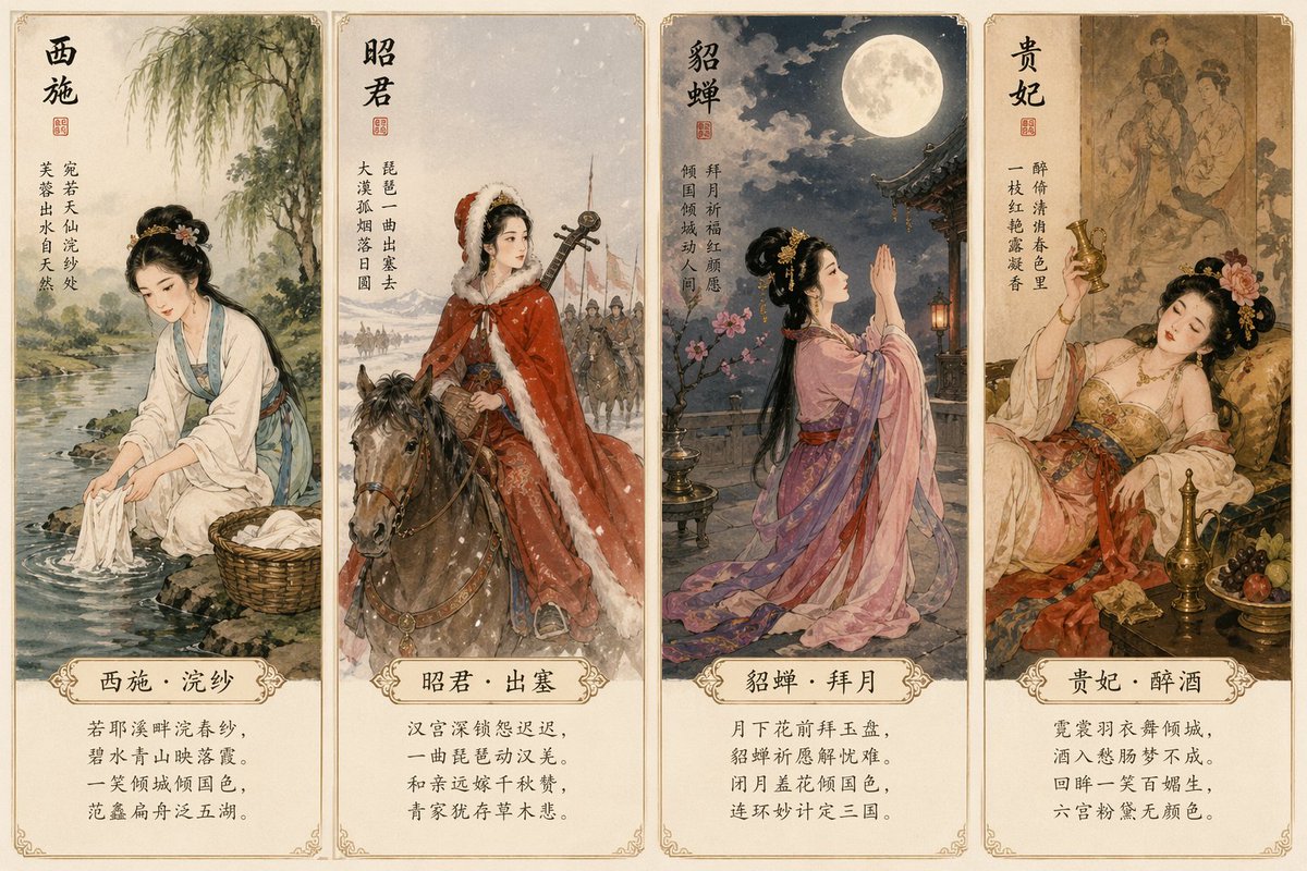 四大美女古典明信片 AI image prompt example