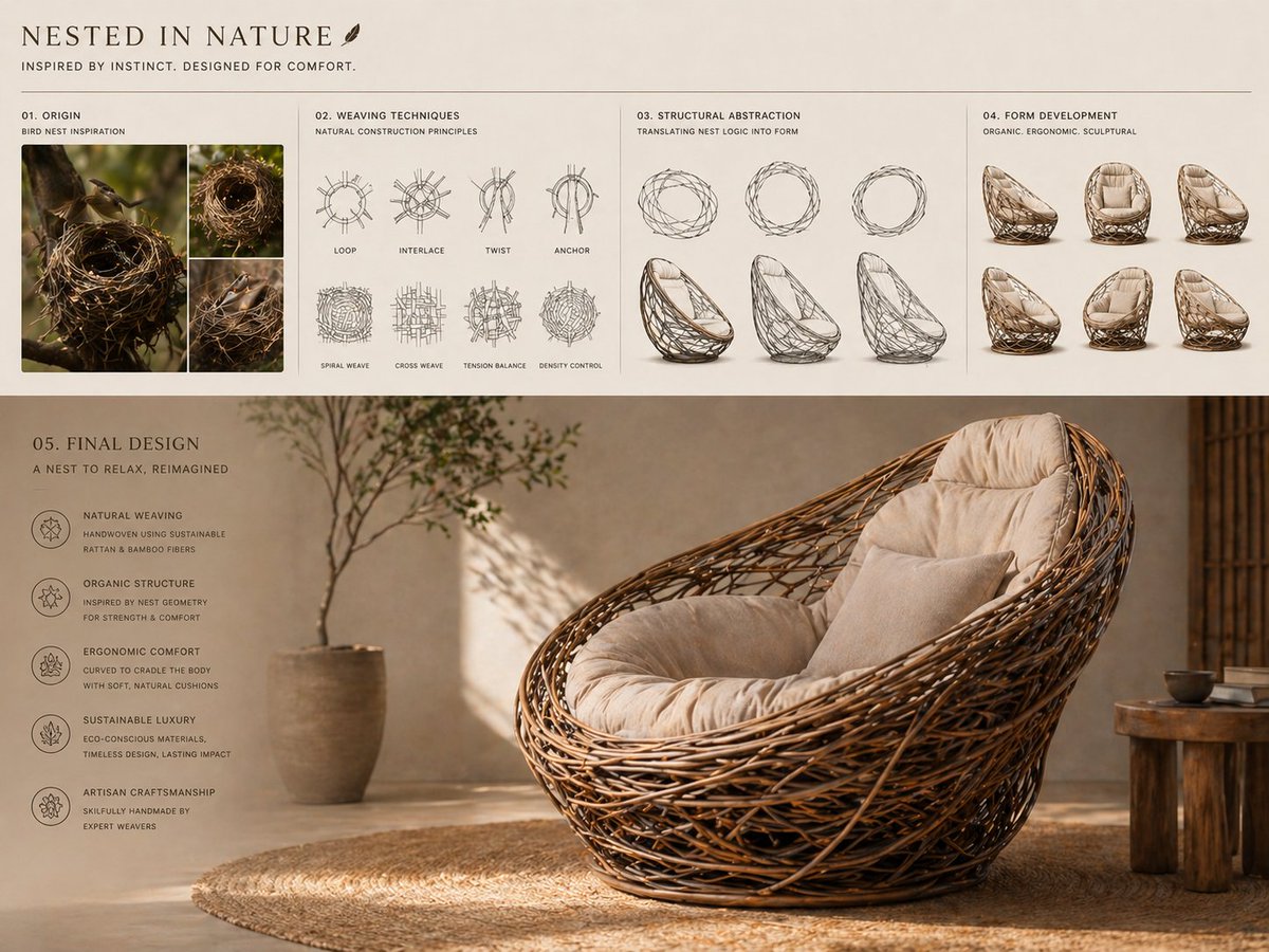 Bird-nest sculptural lounge chair: GPT Image 2 prompt AI image prompt example