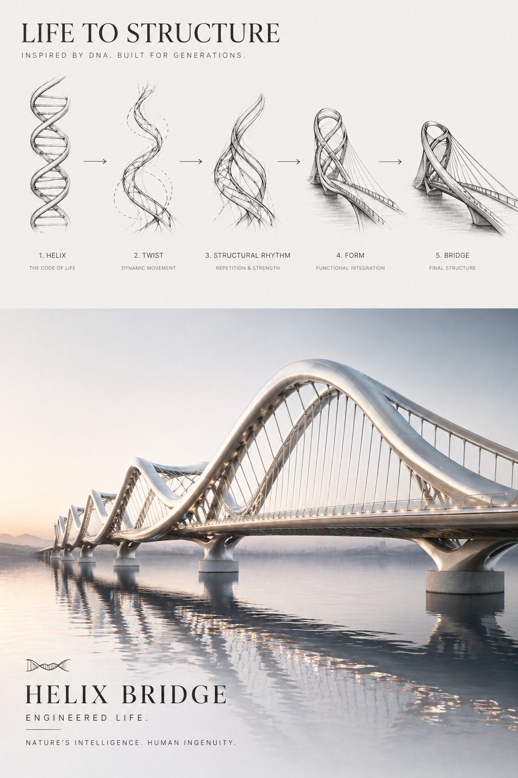 AI-generated poster concept for futuristic bridge inspired by DNA AI image prompt example