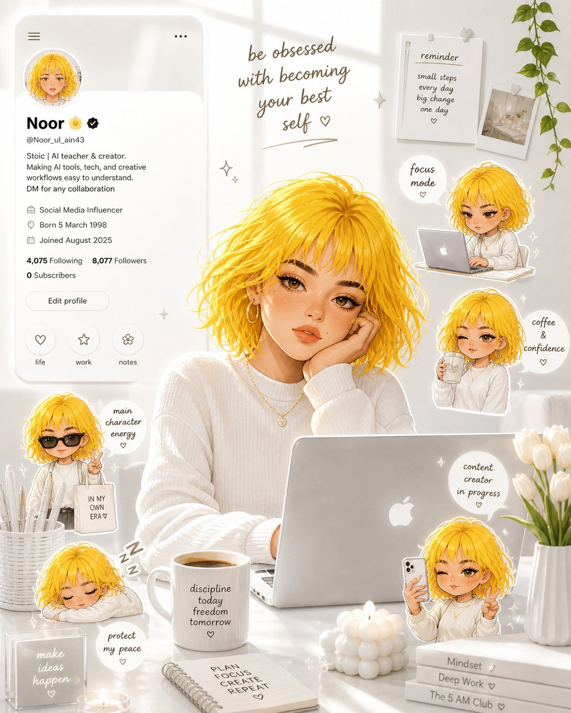 Yellow-haired creator desk illustration: GPT Image 2 prompt AI image prompt example