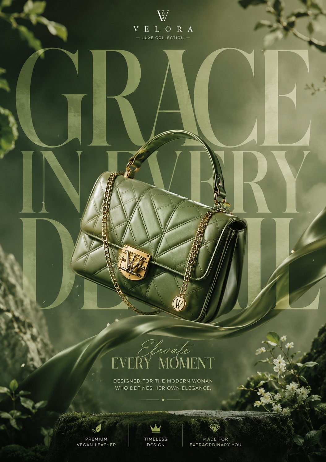 Floating green luxury handbag ad poster: GPT Image 2 prompt AI image prompt example