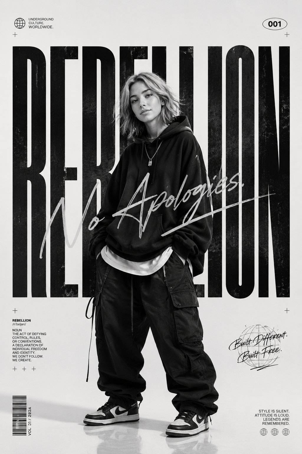 Monochrome streetwear editorial poster portrait: GPT Image 2 prompt AI image prompt example