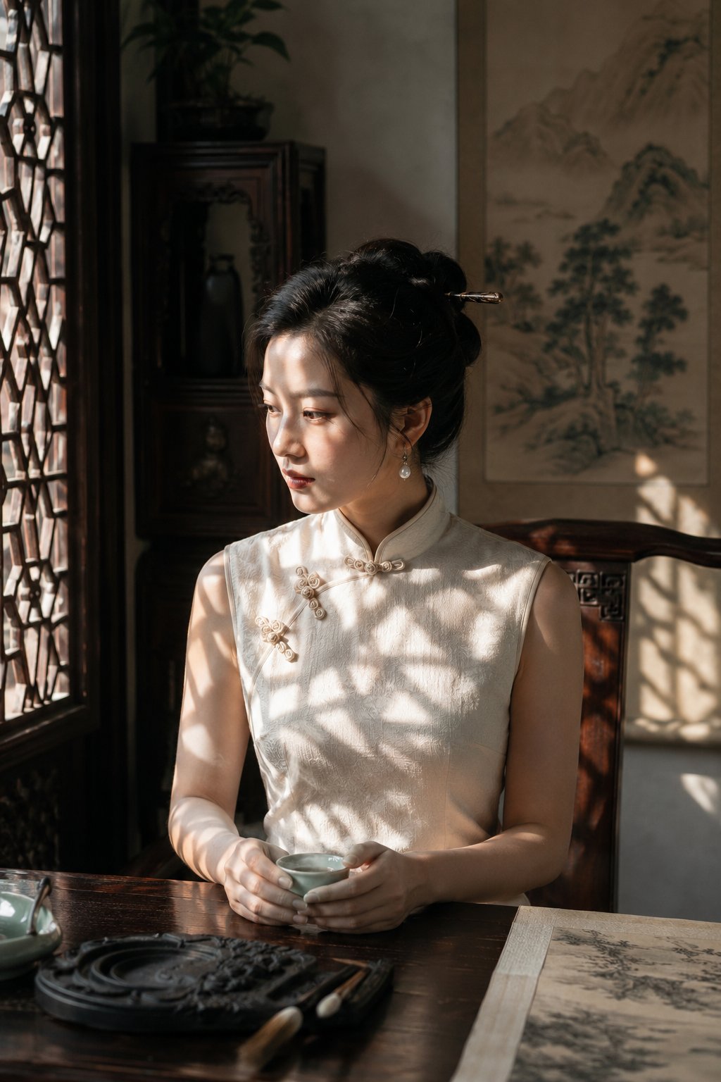 Suzhou garden qipao portrait with lattice light: GPT Image 2 prompt AI image prompt example
