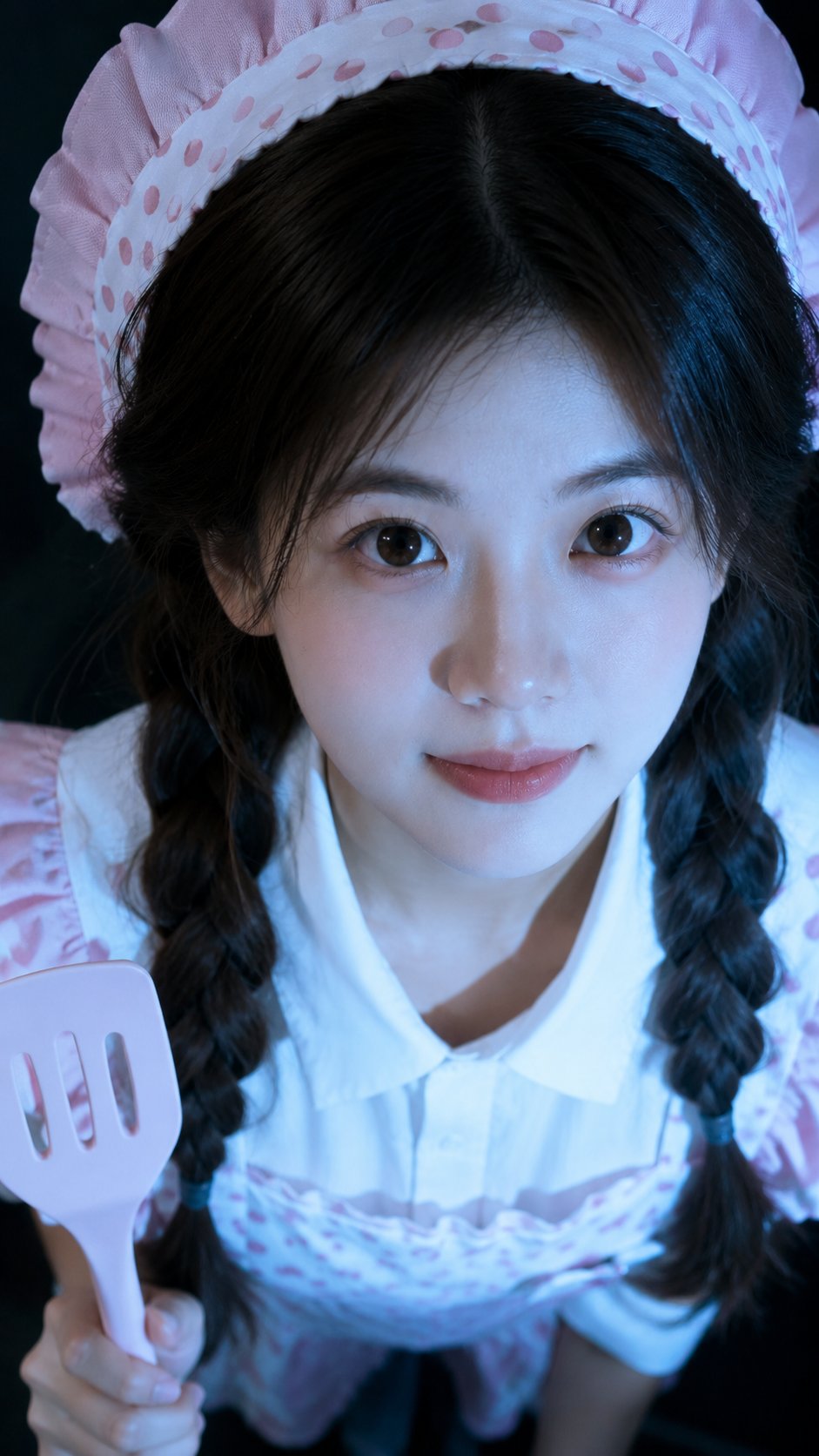 Maid-style portrait under cool blue flash: GPT Image 2 prompt AI image prompt example