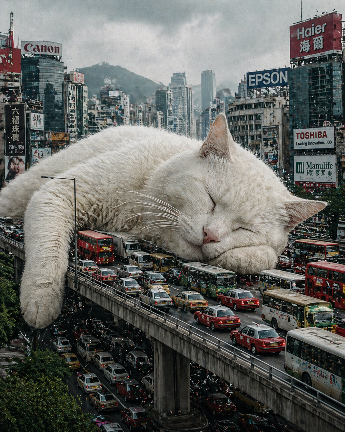 A surrealist digital composite merging a giant, slumbering [MAIN_SUBJECT] into … AI image prompt example