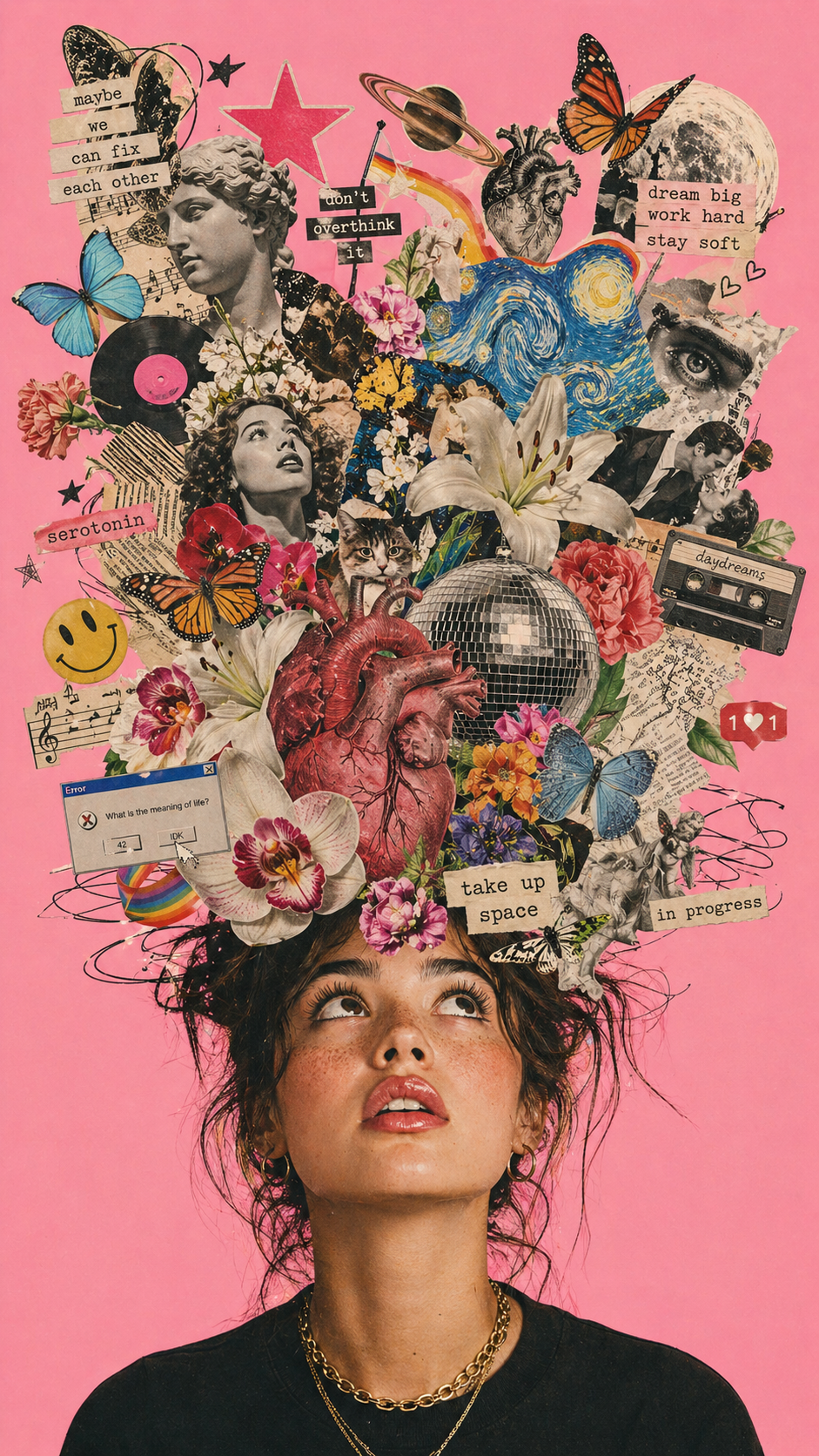 A vibrant, eclectic mixed-media digital collage with a surrealist and maximalis… AI image prompt example