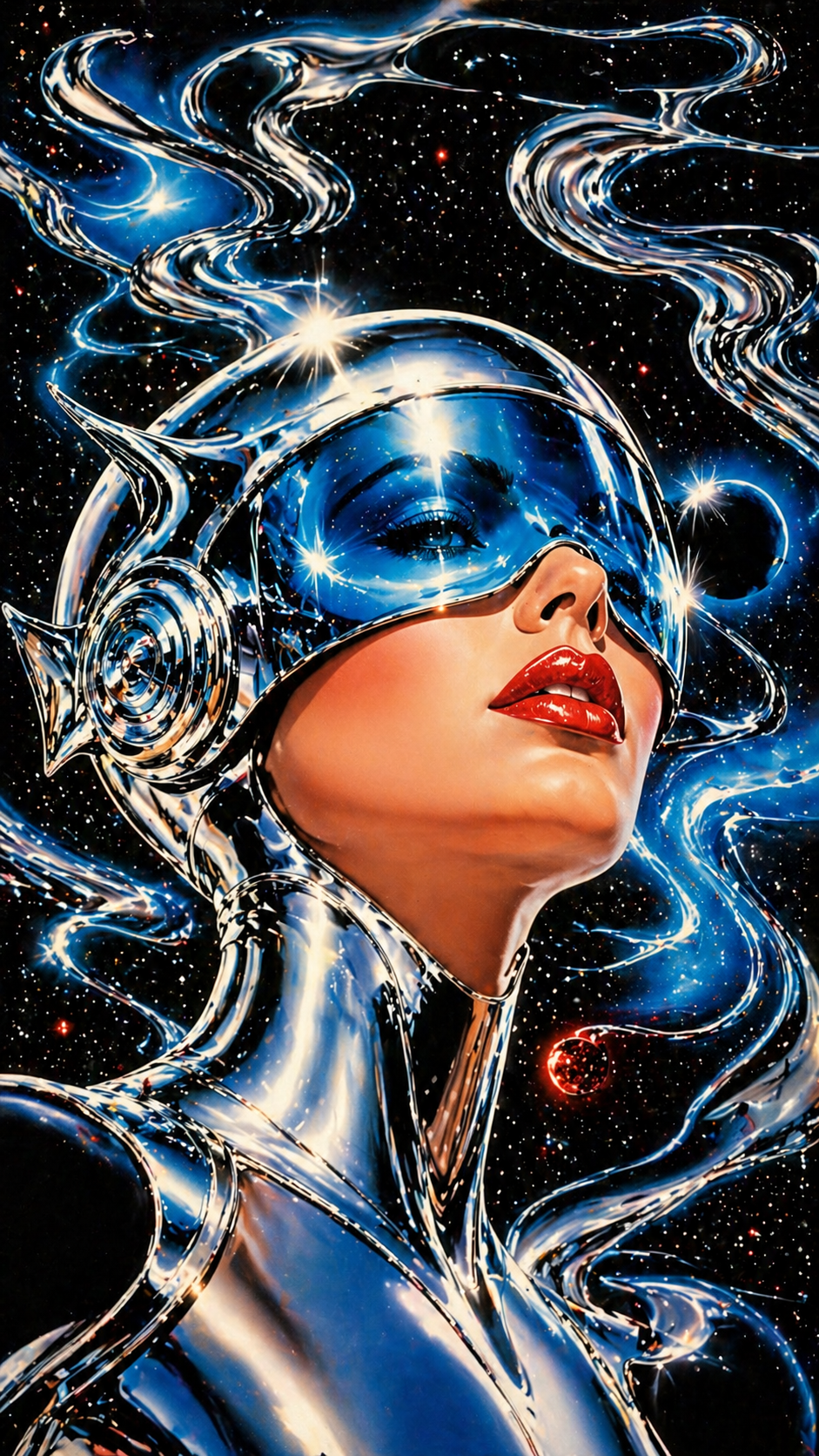 A striking retro-futuristic digital illustration in the iconic 1980s airbrush c… AI image prompt example