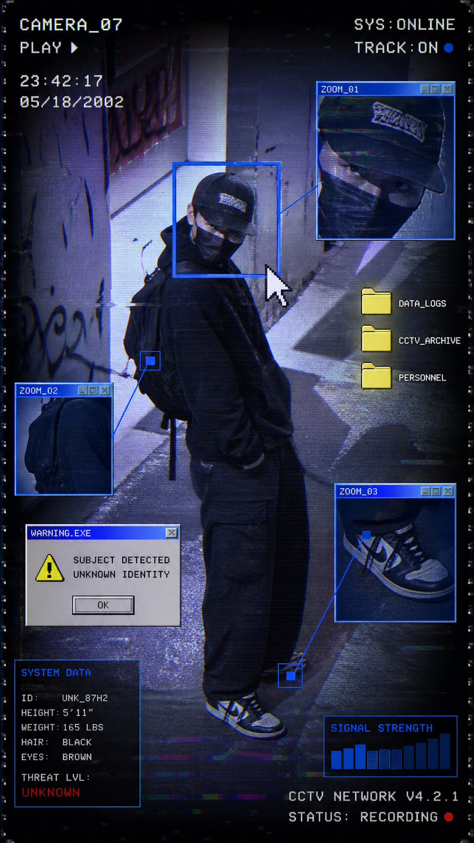 A gritty lo-fi CCTV surveillance camera photograph of [MAIN_SUBJECT] in [SETTIN… AI image prompt example