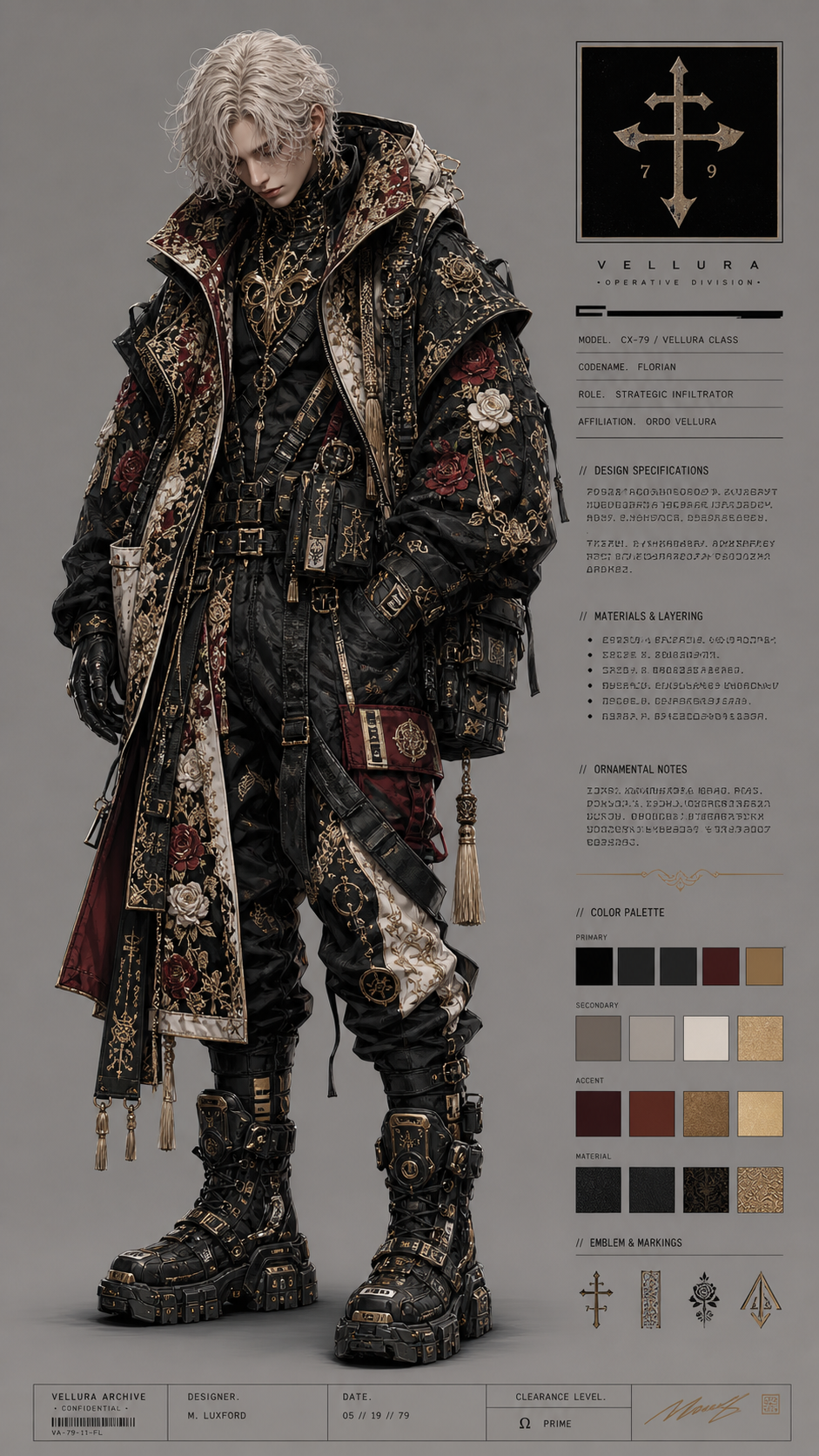 A highly detailed, painterly digital concept art character design sheet featuri… AI image prompt example
