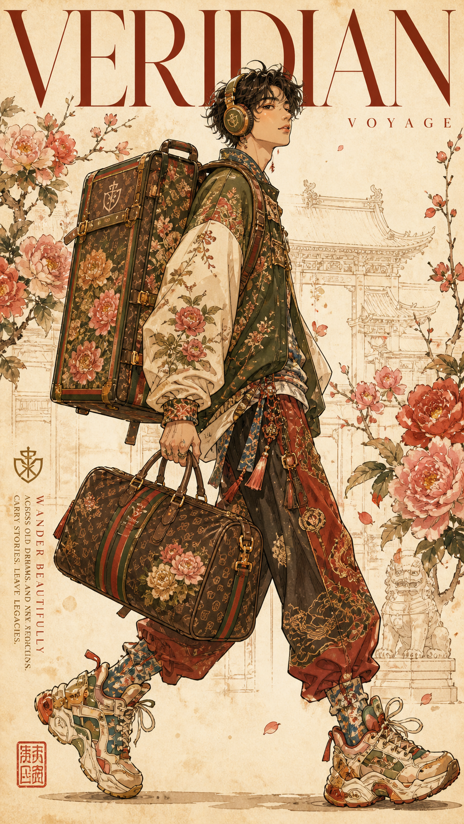A highly detailed, vintage 2D digital illustration and high-fashion advertising… AI image prompt example