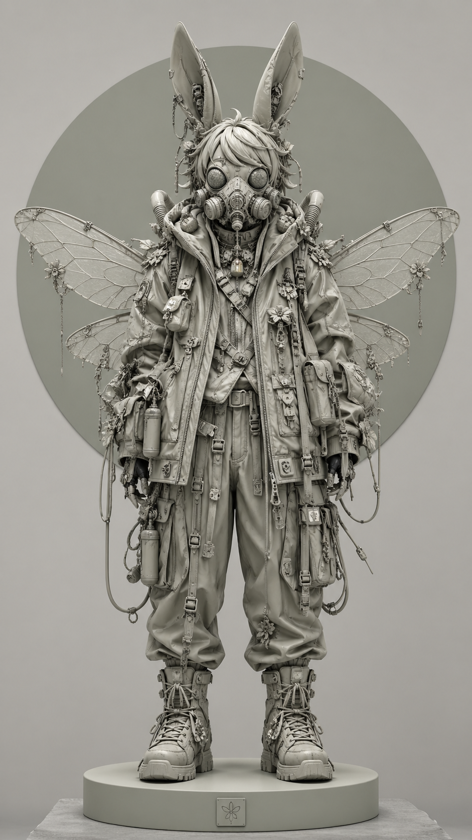 A hyper-detailed, high-end 3D digital sculpture of a [MAIN_SUBJECT] in a futuri… AI image prompt example