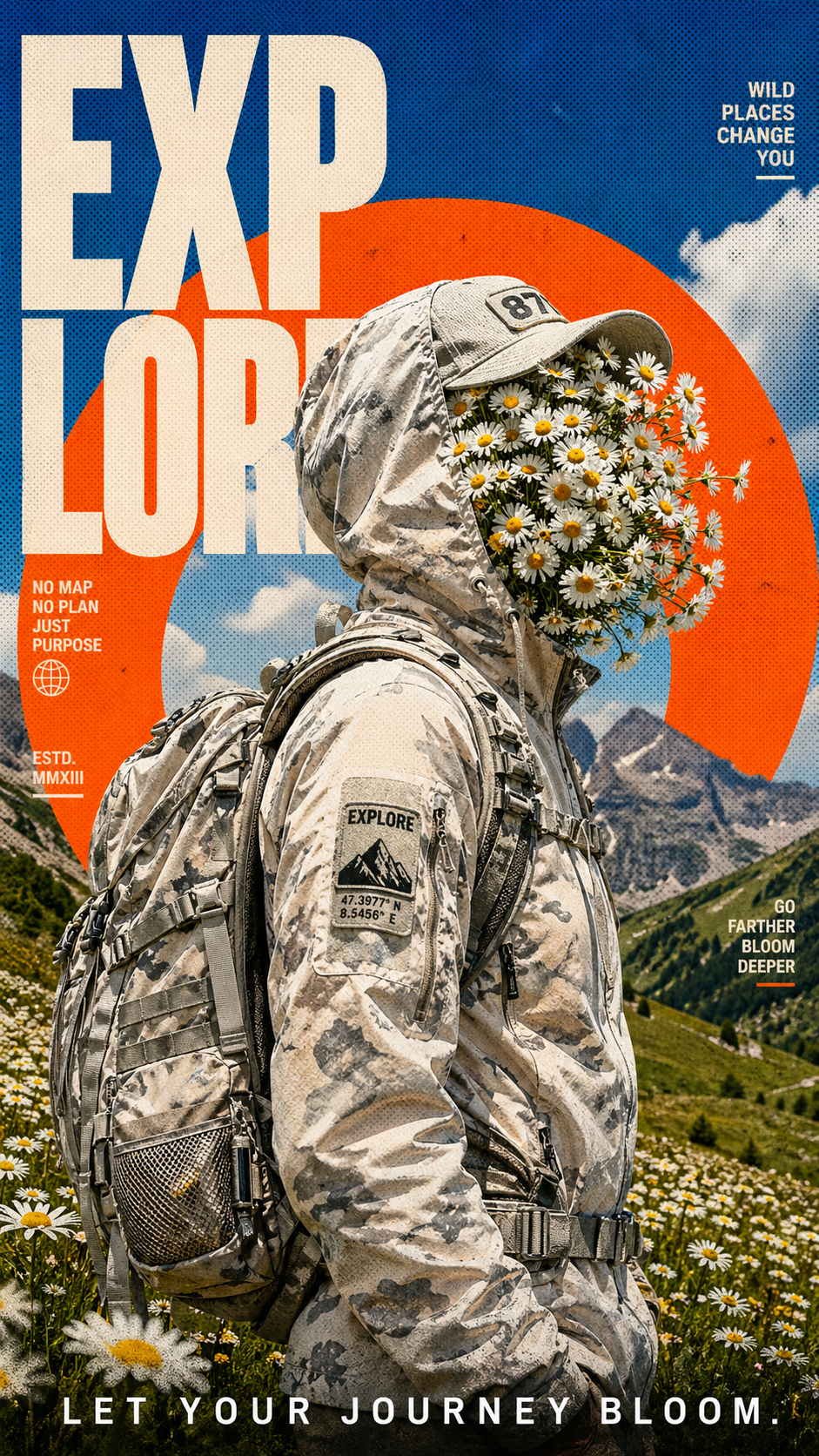A striking mixed-media collage and retro magazine poster design featuring a pro… AI image prompt example