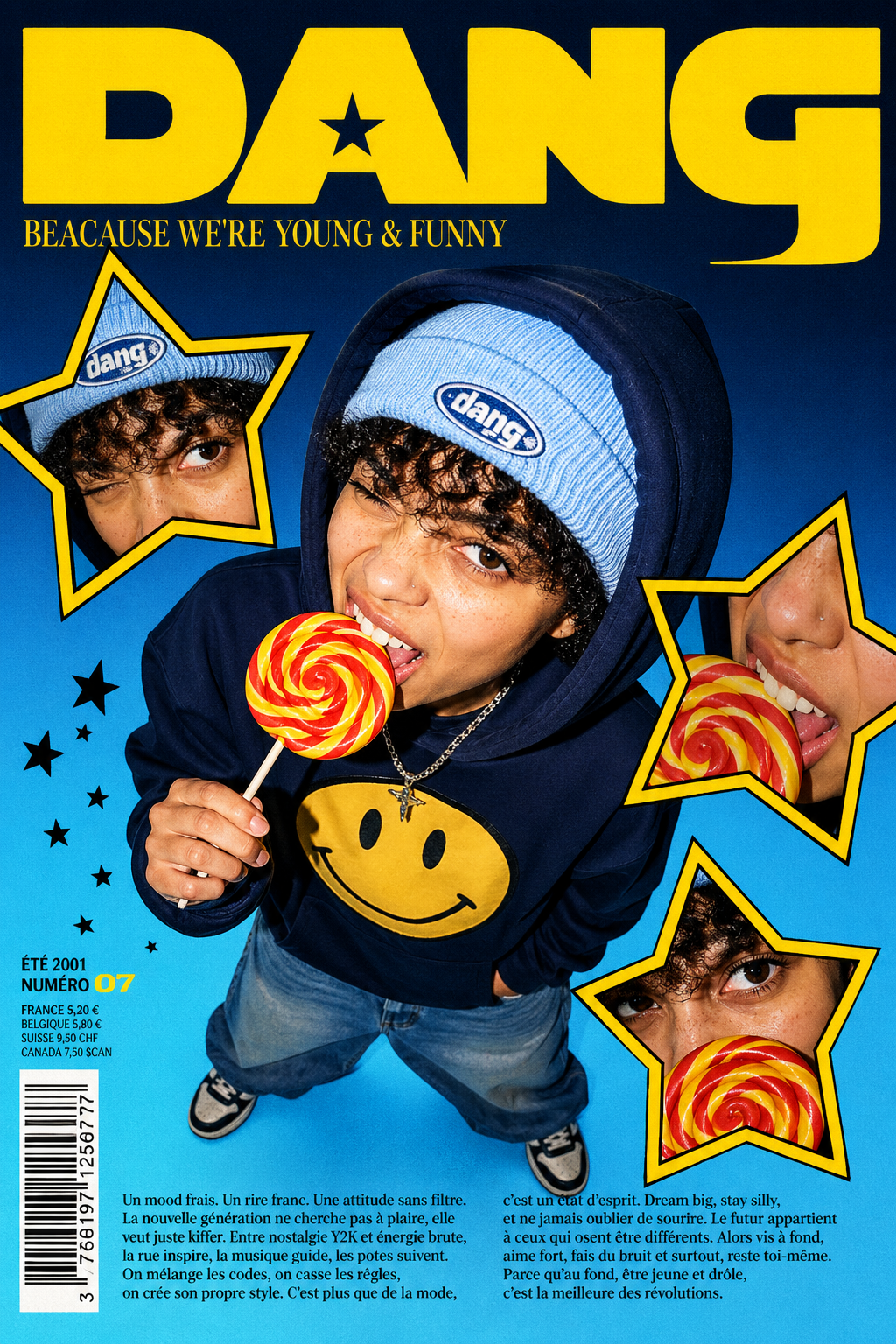 A high-energy, Y2K-inspired streetwear magazine cover featuring [MAIN_SUBJECT] … AI image prompt example