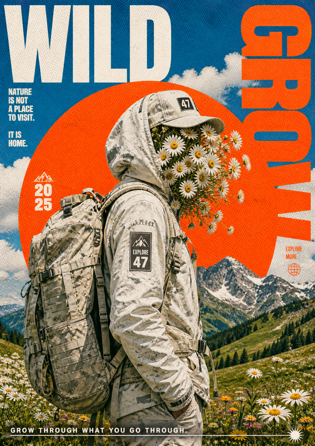 A striking mixed-media collage and retro magazine poster design featuring a pro… AI image prompt example