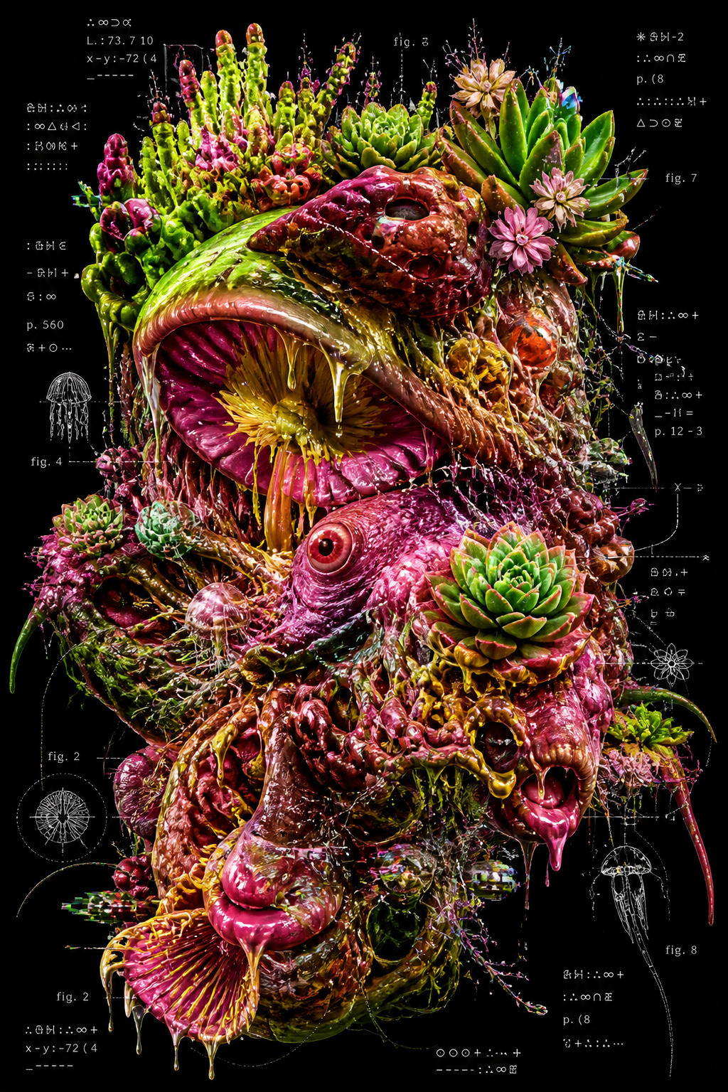 A highly intricate, surreal digital collage and algorithmic glitch art piece fe… AI image prompt example
