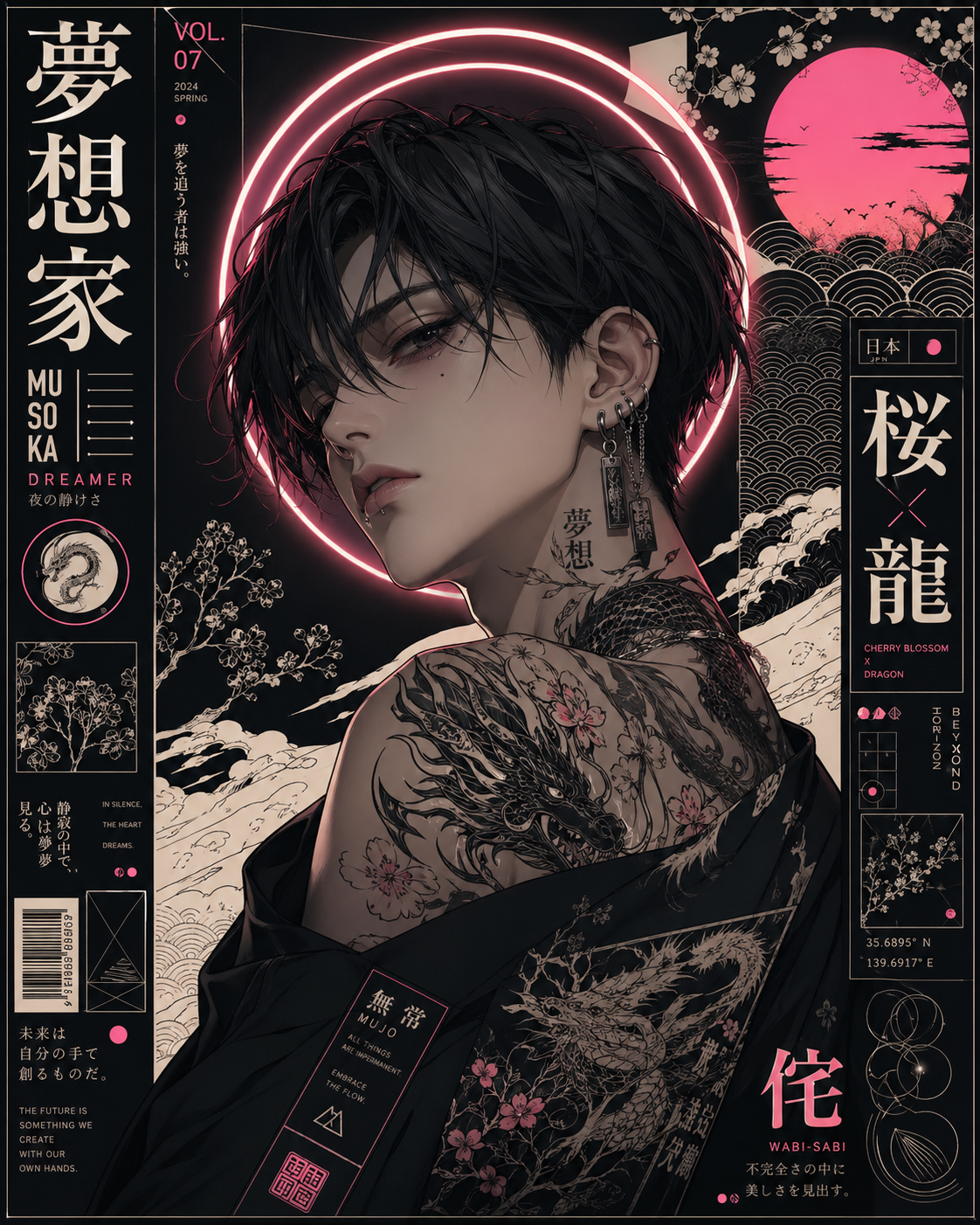 A sophisticated modern anime-style digital illustration with a heavy graphic de… AI image prompt example