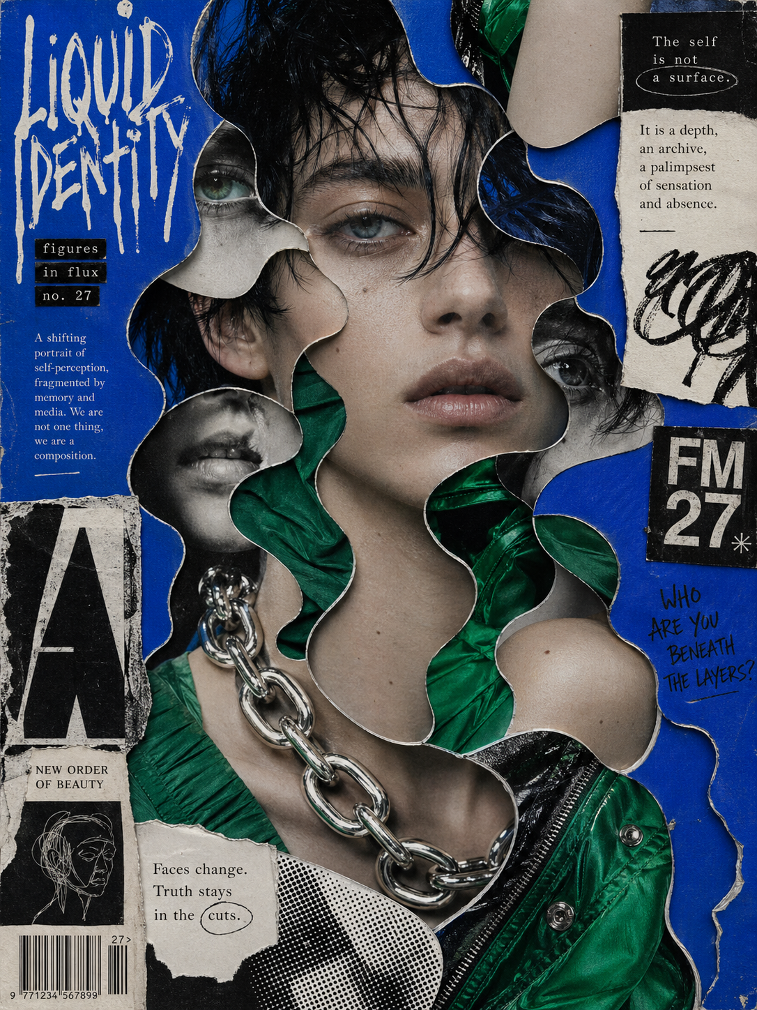 A surrealist mixed-media collage with a [MOOD] aesthetic, blending high-fashion… AI image prompt example