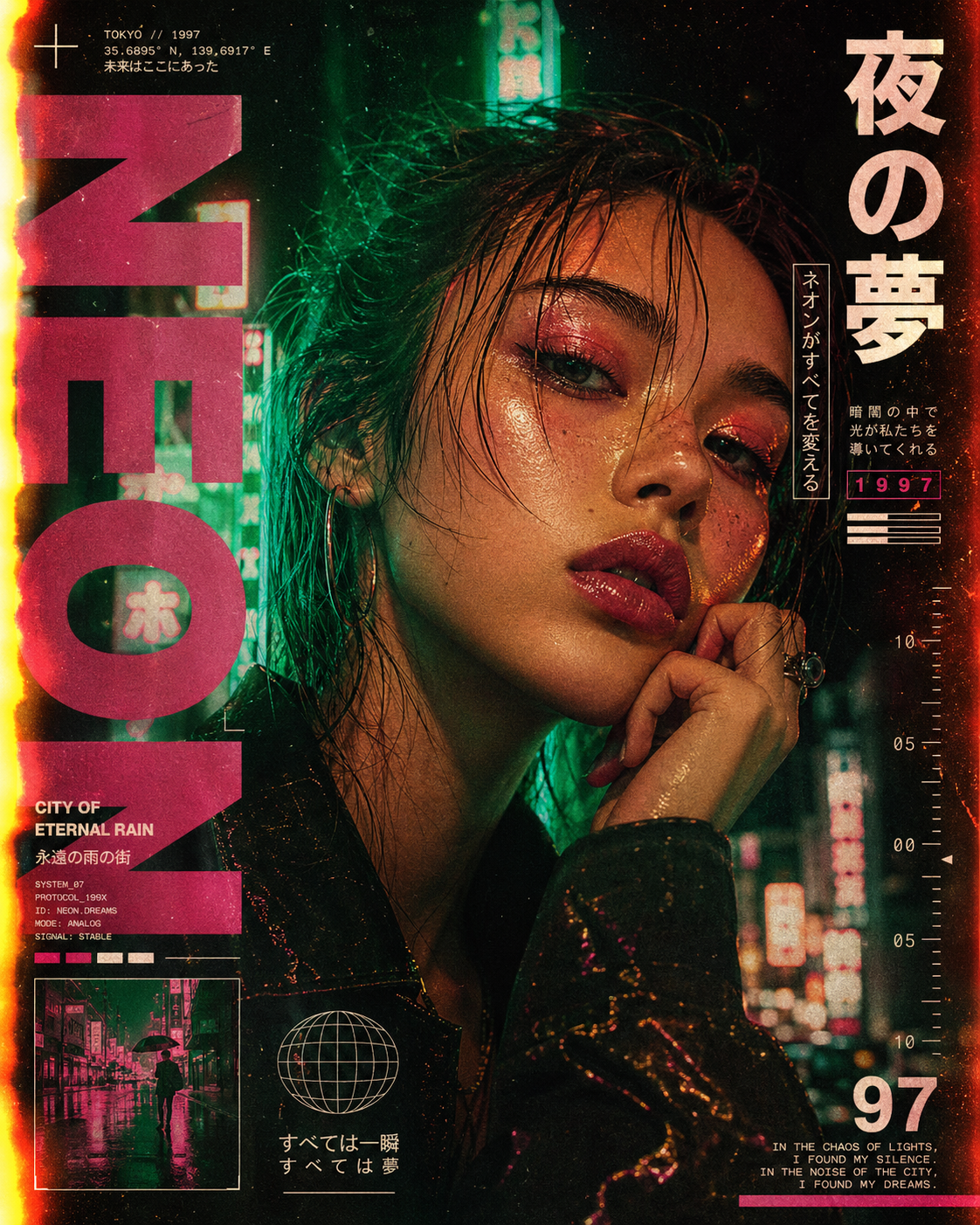 A cinematic and atmospheric digital graphic poster in a moody, retro-cyberpunk … AI image prompt example