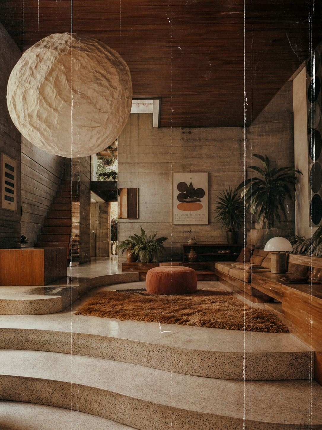 A highly detailed, photorealistic vintage 1970s architectural photograph featur… AI image prompt example