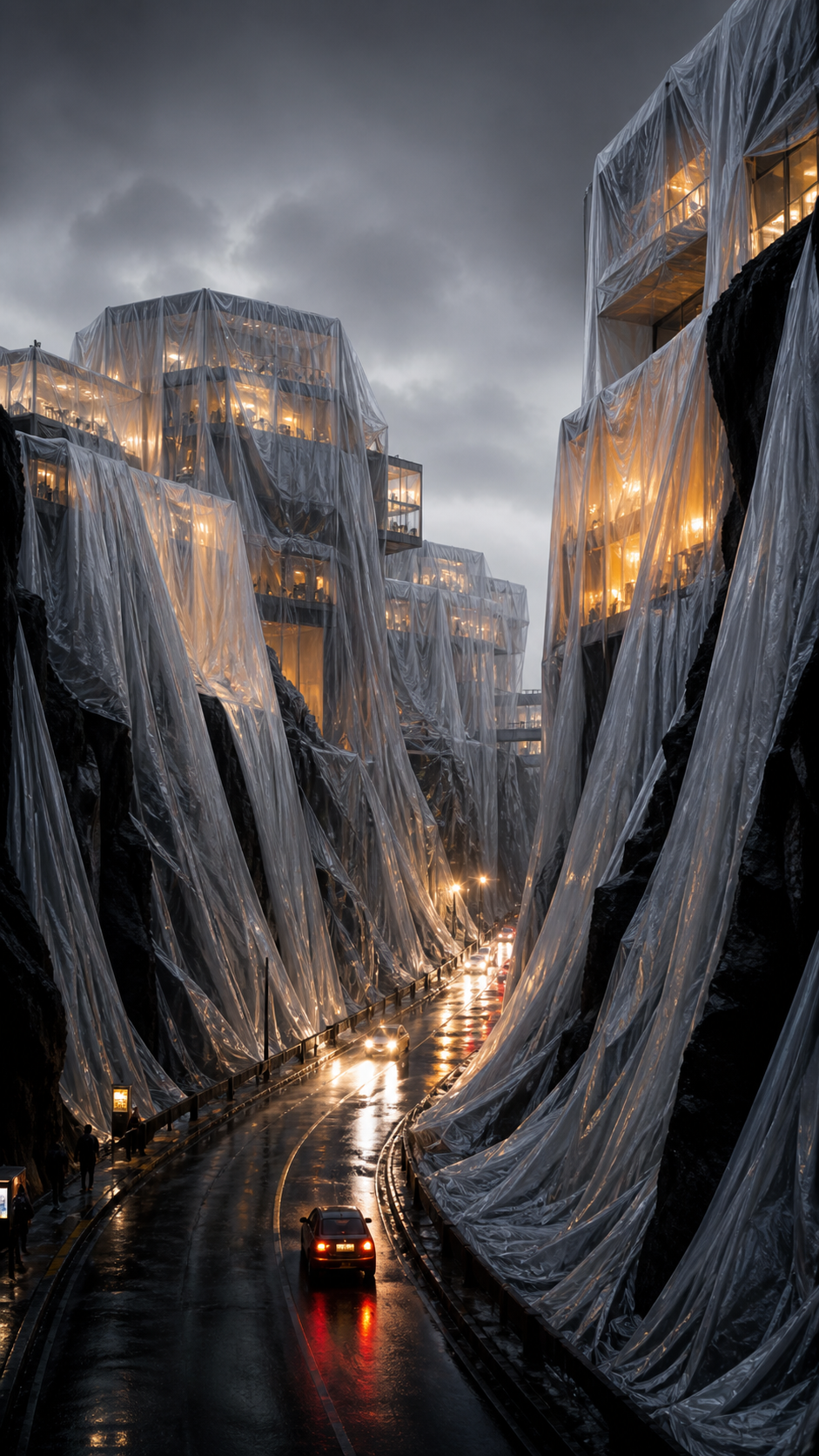 A highly detailed, photorealistic surreal architectural photograph featuring a … AI image prompt example