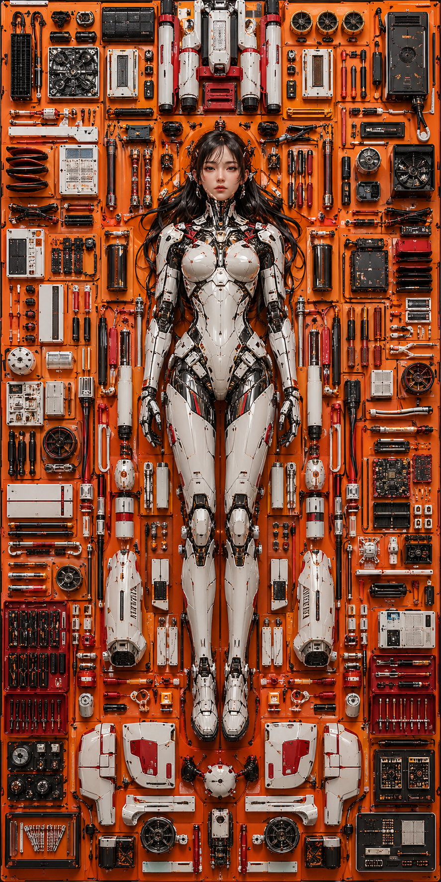 A hyper-detailed digital art piece in a high-concept "knolling" and cyberpunk a… AI image prompt example