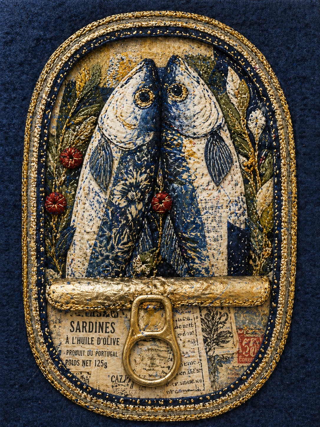 A [MAIN_SUBJECT] created as a detailed textile collage and mixed-media art piec… AI image prompt example