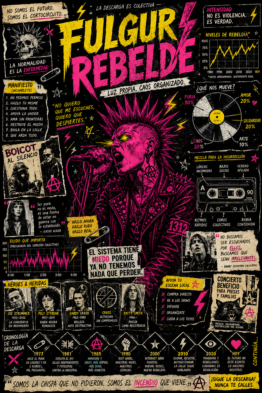A dynamic and chaotic mixed-media infographic poster with a gritty, underground… AI image prompt example