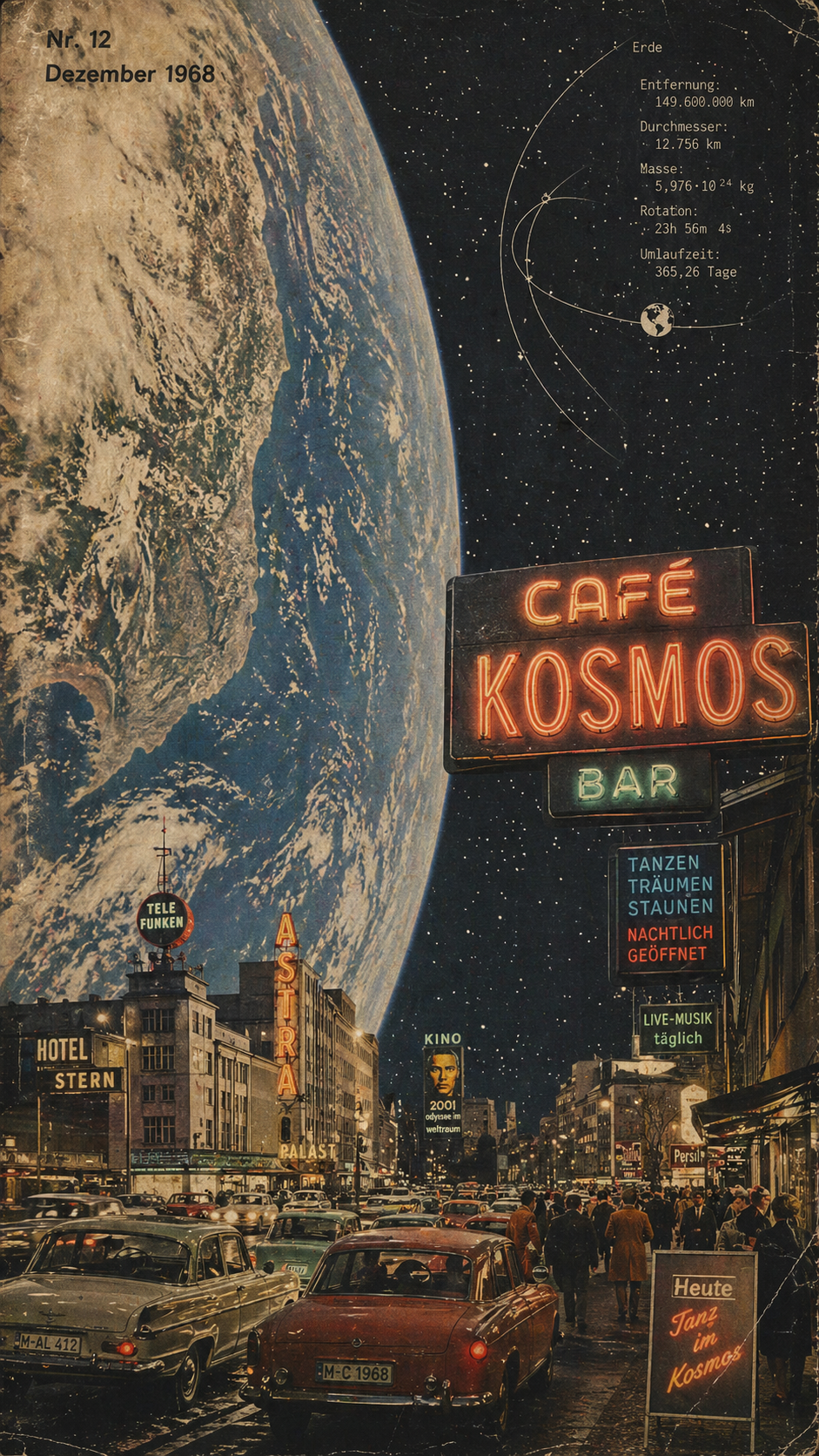 A surreal vintage collage in a vertical format shows a [TIME_OF_DAY] mid-20th c… AI image prompt example
