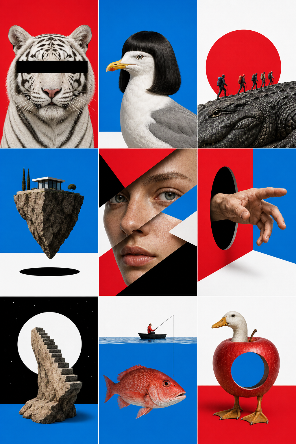 [CAMERA_ANGLE], a highly detailed surrealist digital collage presented in a 3x3… AI image prompt example