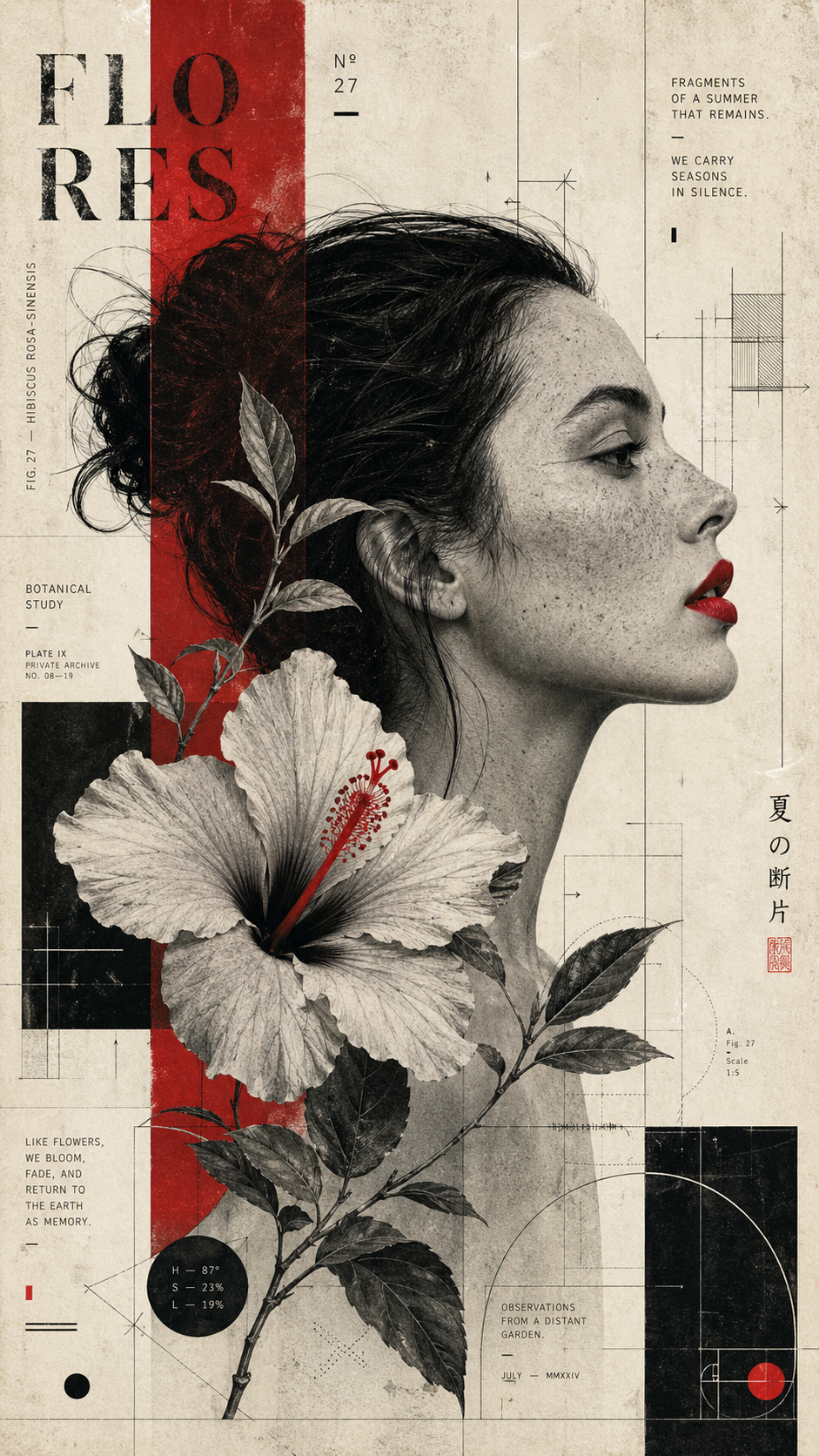 A sophisticated mixed-media editorial collage in a contemporary Swiss design st… AI image prompt example