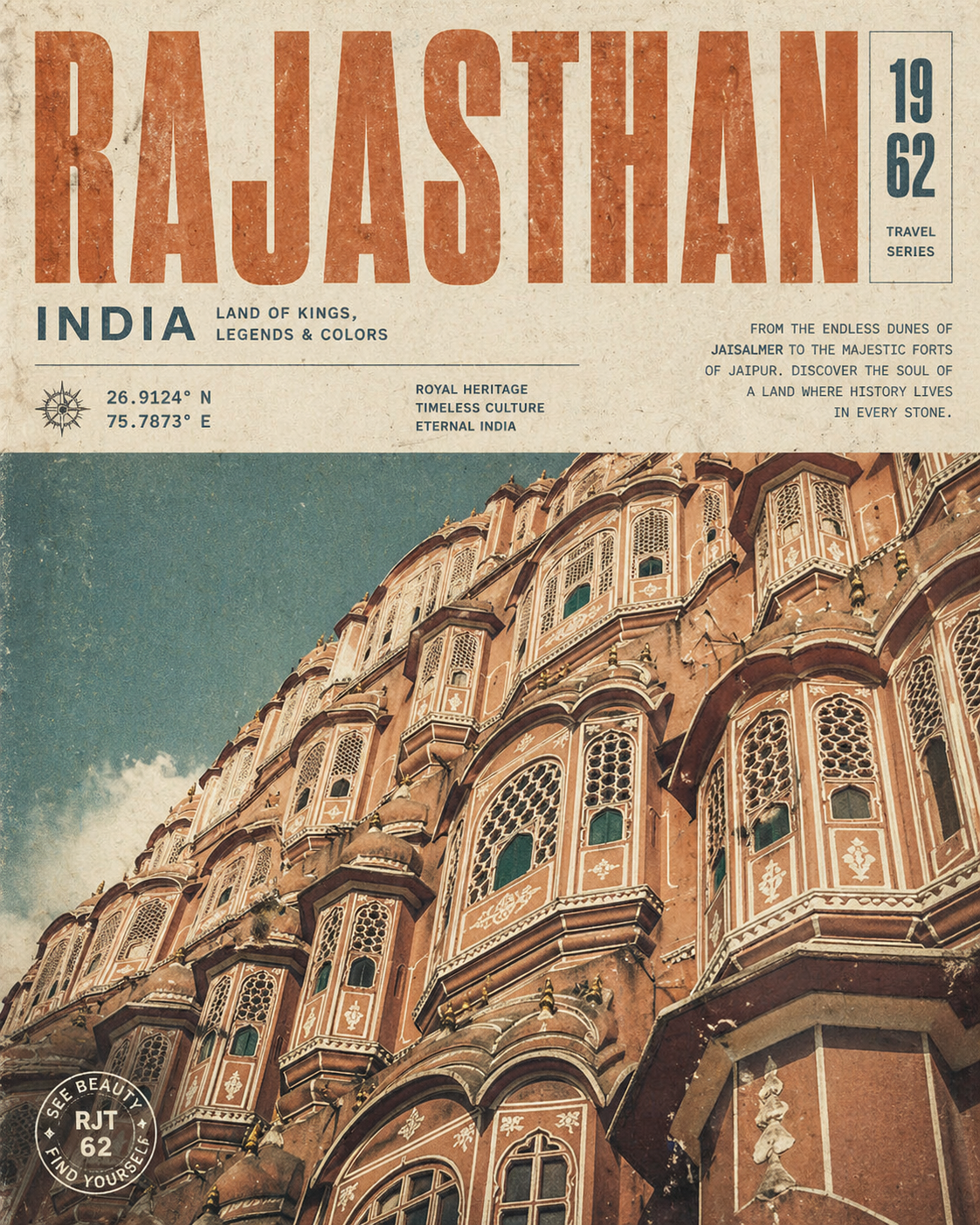 A retroA vintage travel poster design with a [MOOD] aesthetic, featuring a [CAM… AI image prompt example