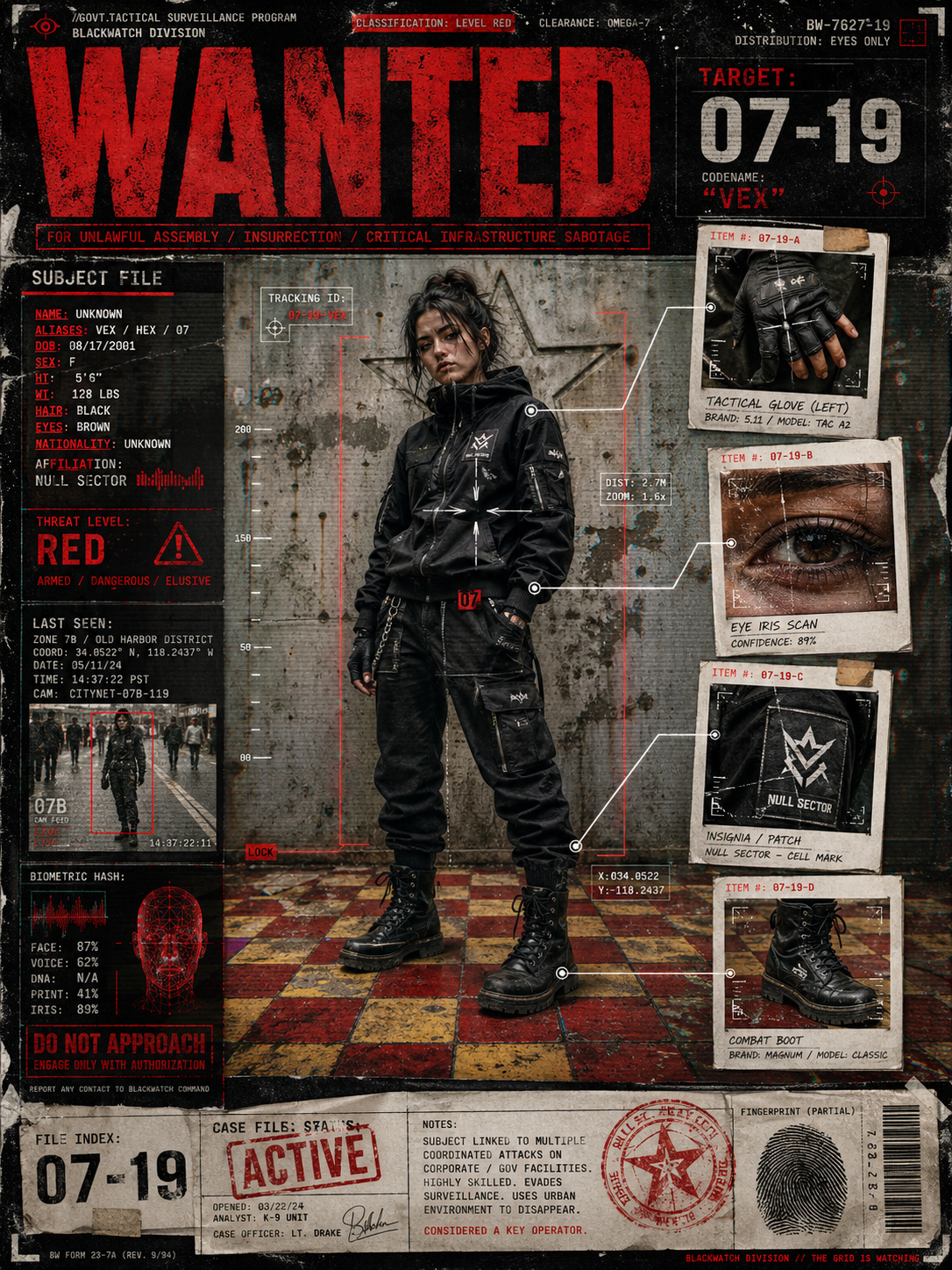 A gritty, multi-layered digital collage in the style of a futuristic "Wanted" p… AI image prompt example