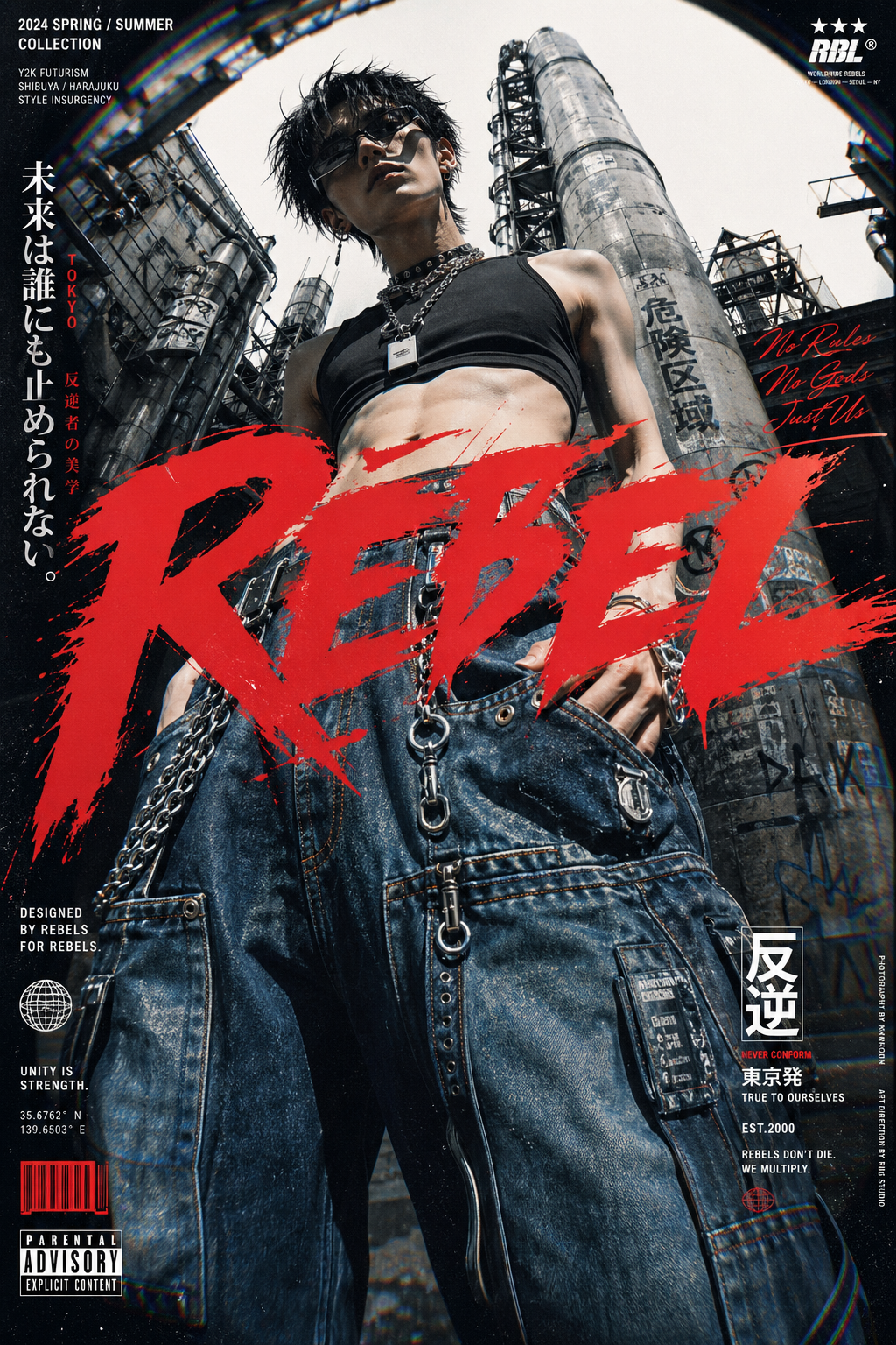A high-fashion avant-garde editorial poster in a Y2K streetwear aesthetic, feat… AI image prompt example
