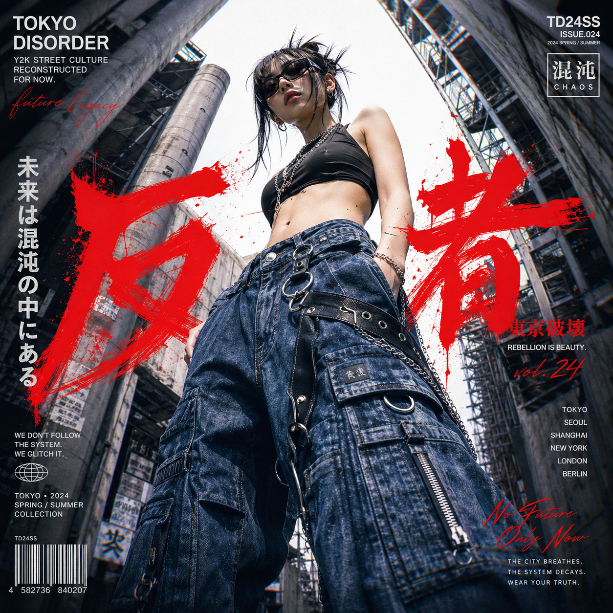 A high-fashion avant-garde editorial poster in a Y2K streetwear aesthetic, feat… AI image prompt example