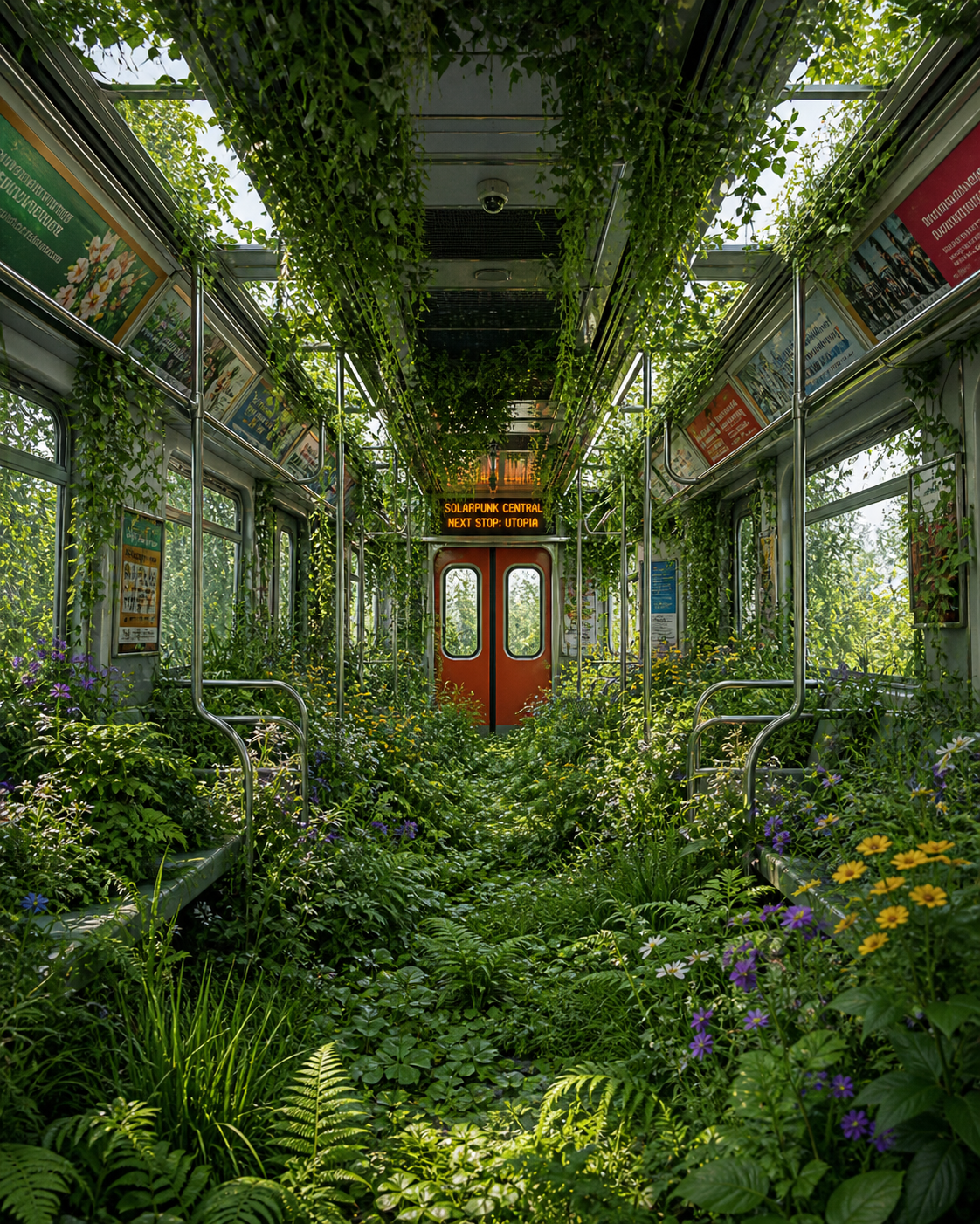 A hyper-realistic, photorealistic digital rendering of a surreal solarpunk scene AI image prompt example