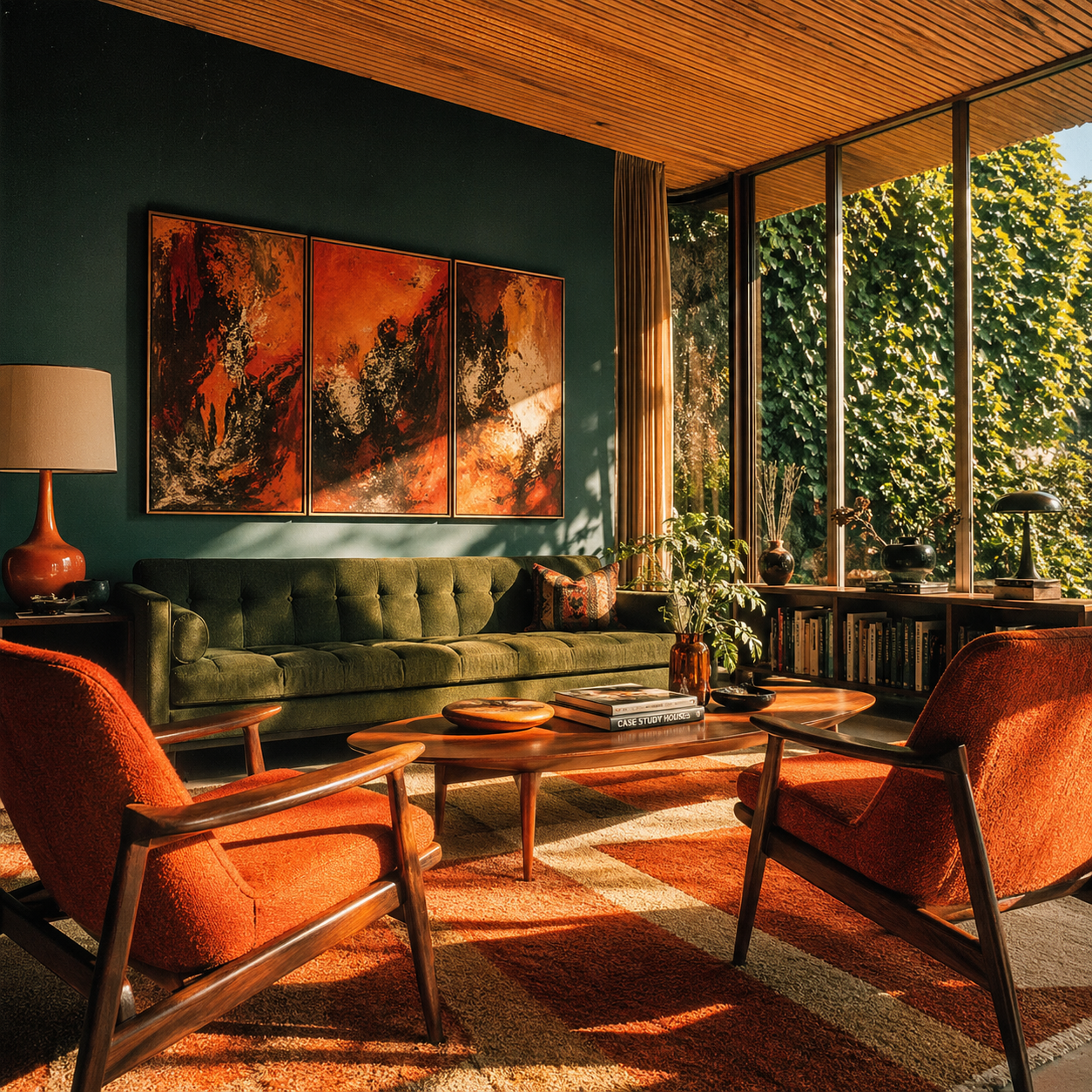 A hyper-detailed, photorealistic interior photograph of a sophisticated mid-cen… AI image prompt example