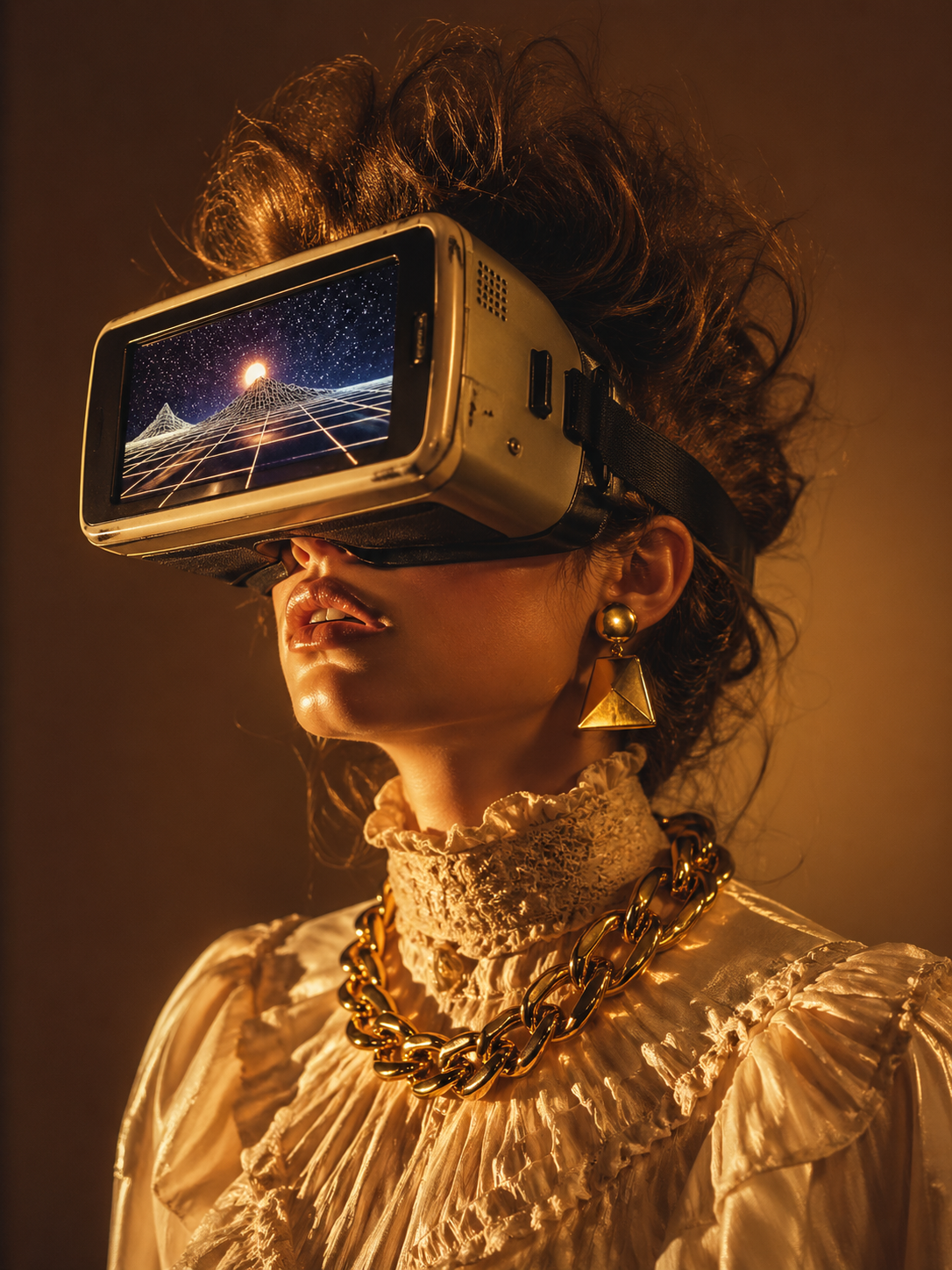 A [CAMERA_ANGLE] retro-futuristic cinematic portrait of [MAIN_SUBJECT] wearing … AI image prompt example
